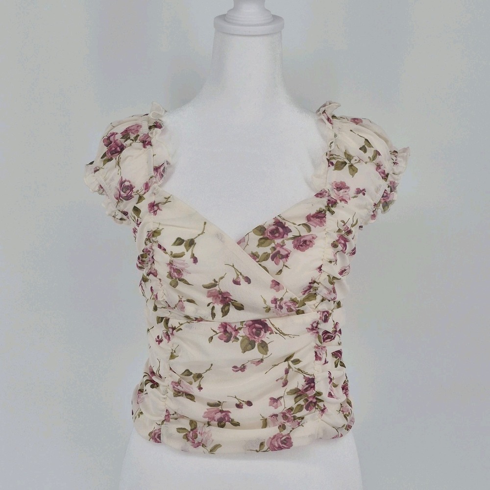 Kirious LA Pink Mauve Floral Mesh Crop Top M Coquette‎ Fairycore Ruched Milkmaid